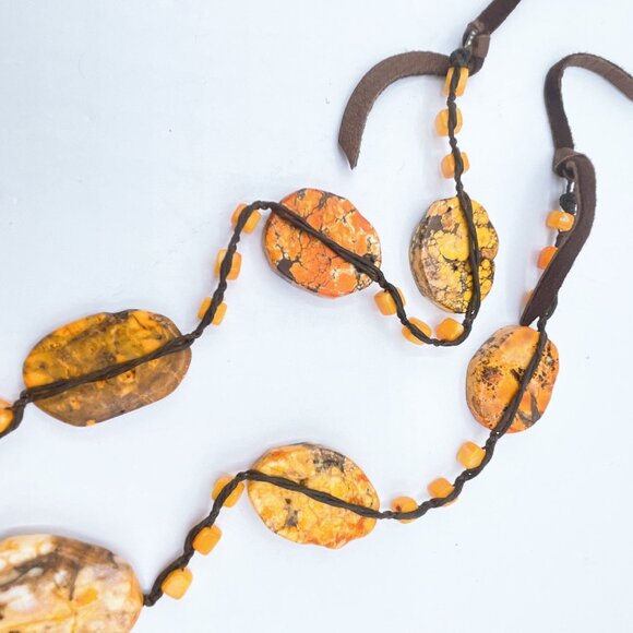 Adjustable Brown Suede Necklace With Precious Stones & Beads Orange Brown - Picture 2 of 7